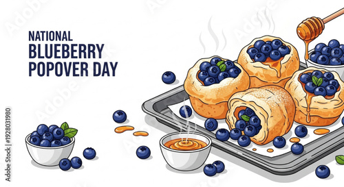 Bright Vector Illustration of Freshly Baked Blueberry Popovers with Honey, Powdered Sugar, and Juicy Berries for National Blueberry Popover Day