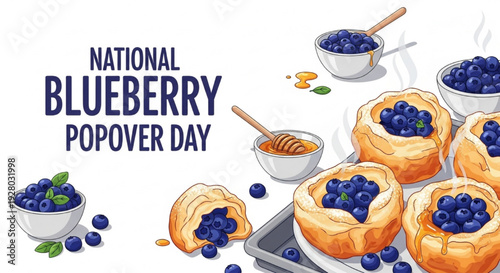 Bright Vector Illustration of Freshly Baked Blueberry Popovers with Honey, Powdered Sugar, and Juicy Berries for National Blueberry Popover Day