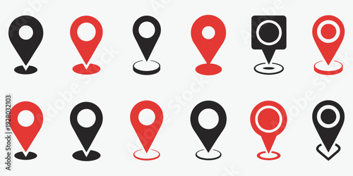 Location pin icon set, map pointer GPS navigation marker, distance route and business address destination indicator, pinpoint button symbols, editable vector