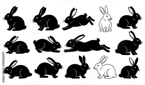 Rabbit and Bunny Silhouette Set 14 Pieces Black Wildlife Vector Collection