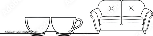 Minimal Living Room Interior Line Art with Coffee Cups and Sofa, Continuous One Line Drawing Style Modern Home Vector Illustration