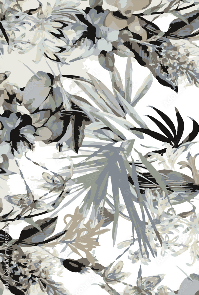 Obraz premium botanic seamless pattern with exotic flowers and leaves, hand drawn background. floral pattern. Tile with tropical leaf