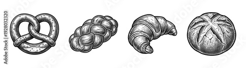 Vintage woodcut style illustration set featuring assorted bakery products including a pretzel, braided loaf, croissant, and round sourdough bread
