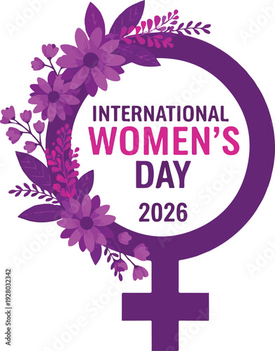 International Womens Day 2026 purple female symbol with flowers International Women's Day pink