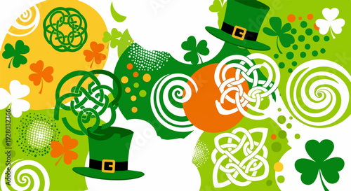 St Patricks Day Abstract Design with Celtic Knots Shamrocks and Hats