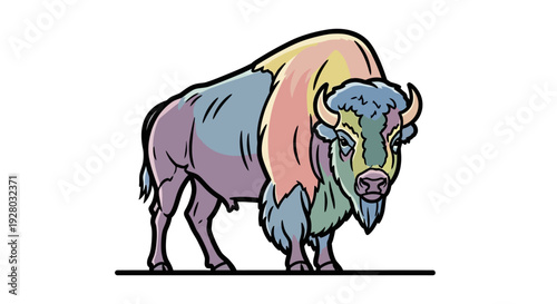 Colorful Cartoon Bison Standing on Ground.