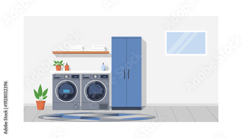 Modern laundry room with washing machines and blue cabinet