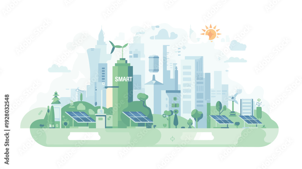 Fototapeta premium Sustainable City with Renewable Energy Sources.