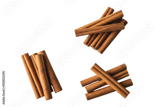 Three distinct natural cinnamon stick groupings, photorealistic flat lay on white with copy space, showcasing organic texture and brown tones. Concept of pure flavor and wholesomeness