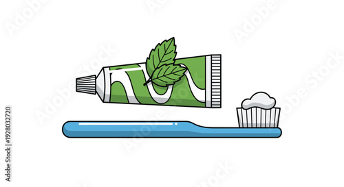 A mint toothpaste tube and a blue toothbrush with paste rest on white.