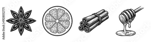 Set of vintage woodcut style illustrations featuring star anise, sliced orange, cinnamon sticks, and a honey dipper