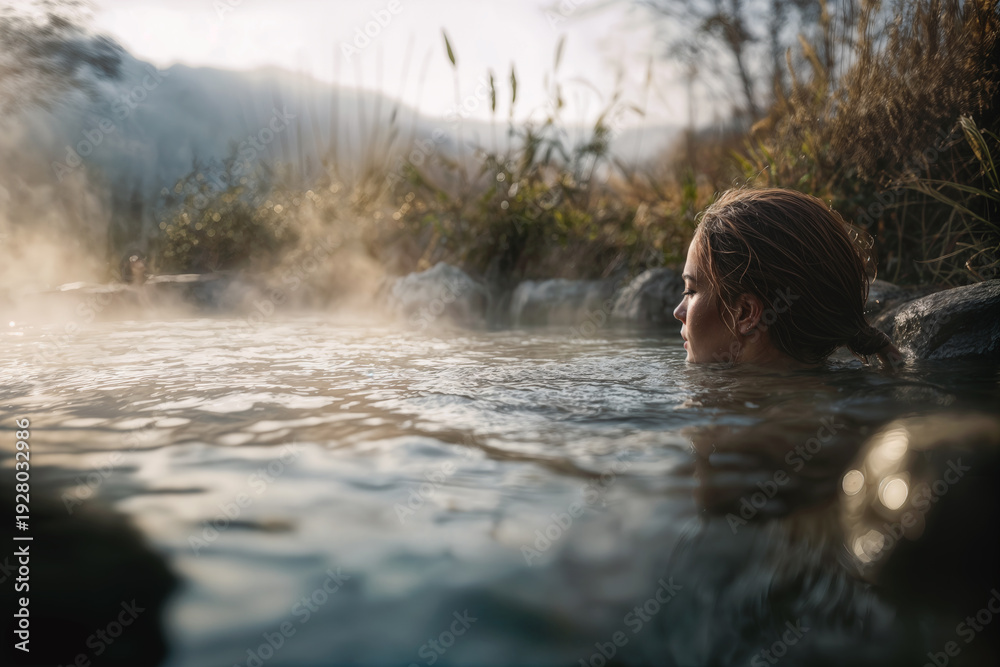 Fototapeta premium Woman Relaxing in Tranquil Natural Hot Springs at Dawn for Serene Wellness