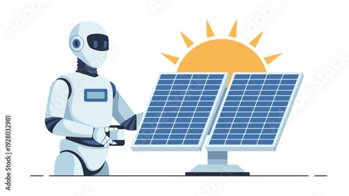 Robot Inspecting Solar Panels Under Sunlight.