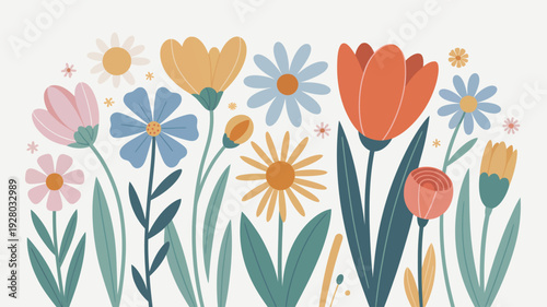 Colorful Flowers Illustration with Tulips and Daisies.