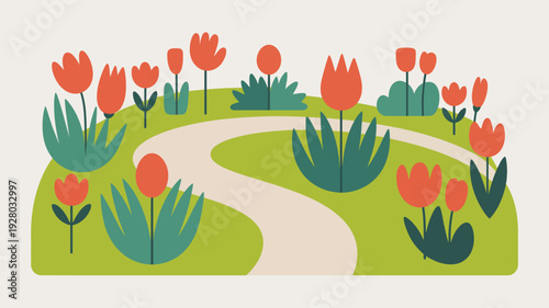 Vibrant Tulips in Garden Landscape Illustration.