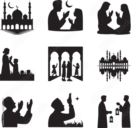 Muslim Couple Silhouette Collection – Islamic Wedding & Romantic Heart Vector Icons Set