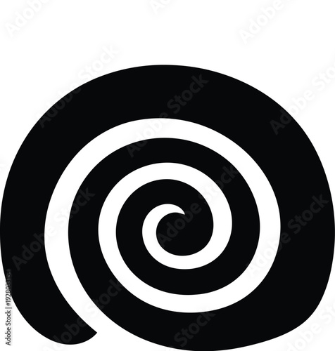 A black spiral shape against a stark white background simple design