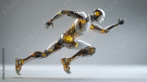 Futuristic humanoid robot sprinting with high-tech design and glowing elements, embodying speed and innovation