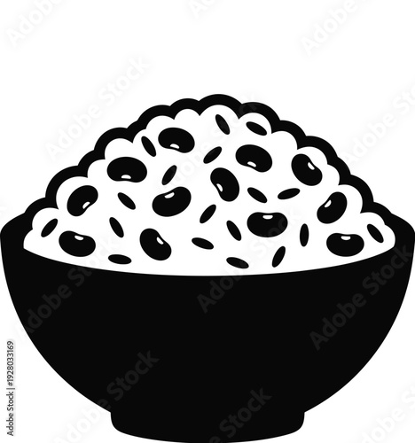 A simple black and white illustration of a bowl filled with beans