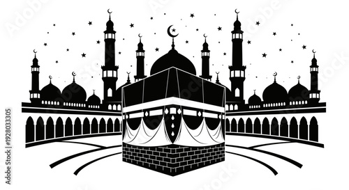 Black and white illustration of mosque and kaaba at night with stars