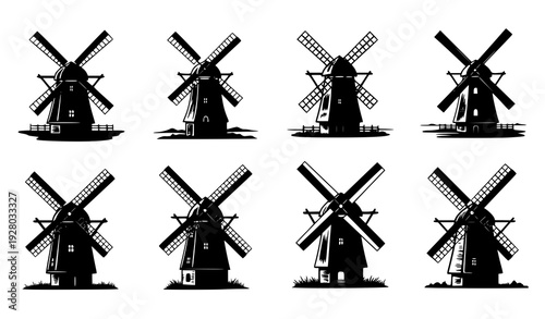 Traditional Windmill Silhouette Set Rural Landscape Clean Energy Vector Collection