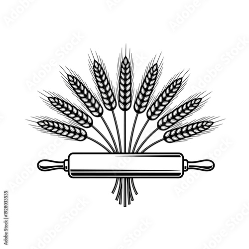 Black and white illustration of wheat and rolling pin for baking  baking tool
