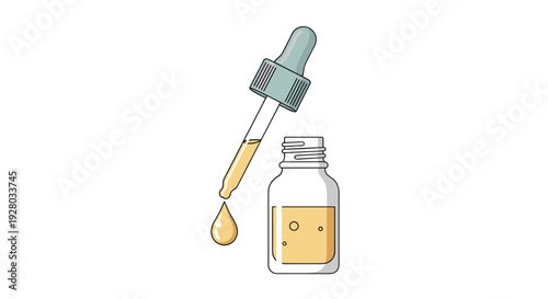 A dropper dispenses yellow liquid into a small glass bottle.