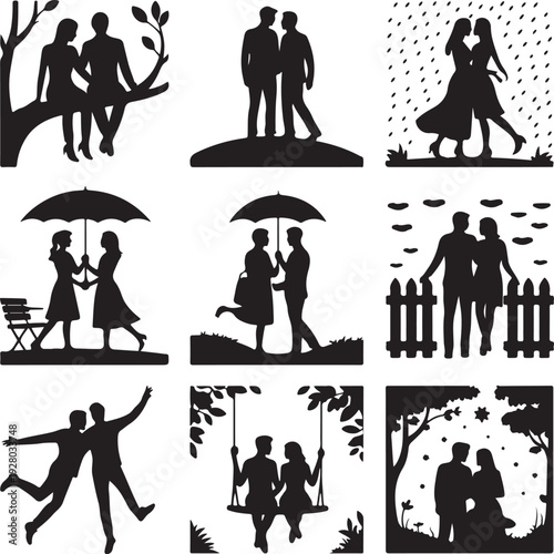 Muslim Couple Silhouette Collection – Islamic Wedding & Romantic Heart Vector Icons Set