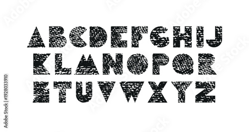 Typography font with geometric scribble alphabet. Modern abstract typeface design with doodle letters in geometry style. Set of English characters and digits, vector illustration