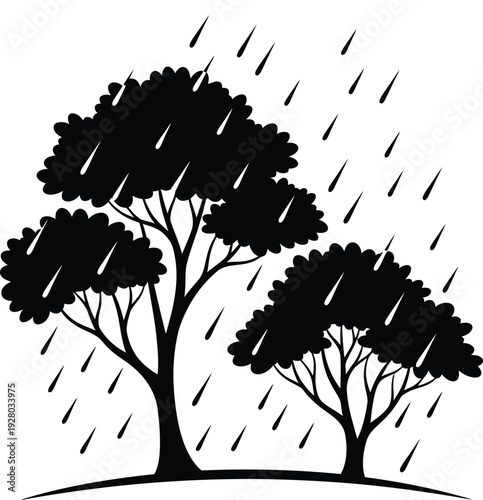 Silhouetted trees endure a downpour of rain in a simple scene