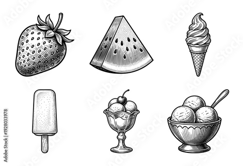 Set of vintage woodcut style illustrations featuring summer treats including strawberry, watermelon slice, ice cream cone, popsicle, and sundae bowls.