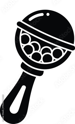 Simple black and white illustration of a classic baby rattle toy