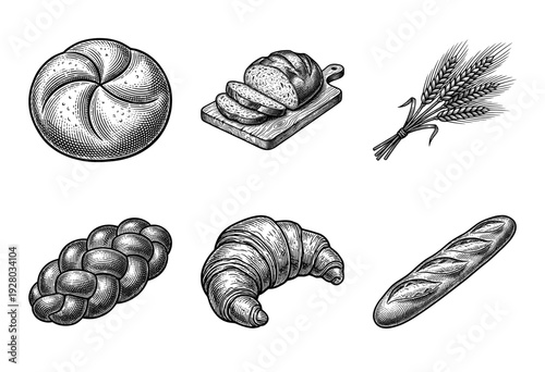 Vintage engraving style bakery collection featuring bread loaves, croissant, baguette, braided brioche, kaiser roll, and wheat stalks on a white surface.
