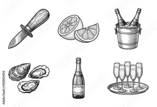Vintage engraving style collection of champagne bottles in ice bucket, sparkling wine flutes on tray, fresh oysters, lemon slices, and shucking knife