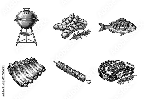Vintage woodcut style barbecue collection featuring a kettle grill, sausages, whole fish, ribs, meat skewer, and ribeye steak with rosemary sprigs.