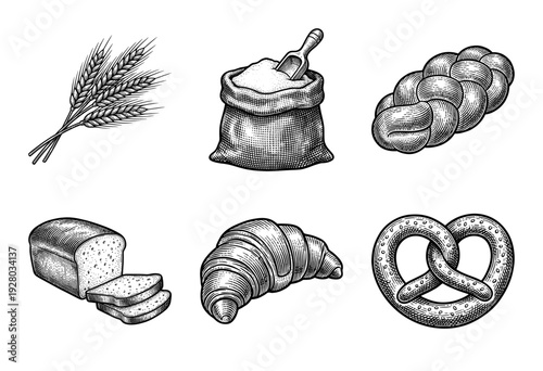 Vintage woodcut style collection of bakery products featuring wheat stalks, flour sack, and assorted breads