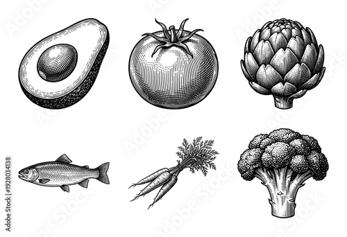 Vintage engraving collection of healthy food items including avocado, tomato, artichoke, fish, carrots, and broccoli in a detailed woodcut style.