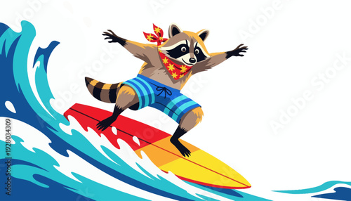 Playful cartoon raccoon skillfully rides a vibrant ocean wave on a surfboard, embodying summer fun and extreme water sports with a whimsical spirit