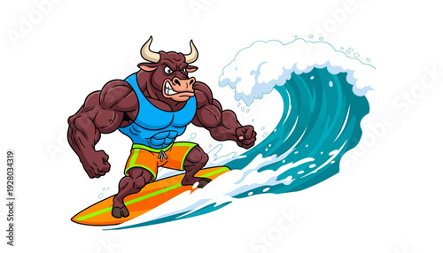 Cartoon Bull Surfing on a Wave with Determination and Strength