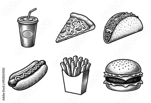 Vintage woodcut style fast food set featuring a burger pizza slice taco hot dog french fries and soda cup with straw in hand drawn engraving