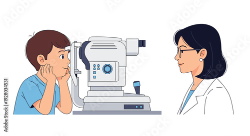 A young boy undergoes an eye examination with an optometrist.