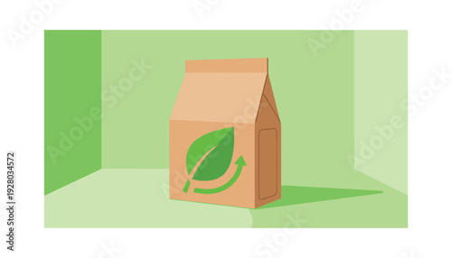 Eco friendly cardboard box with green leaf recycling symbol on side