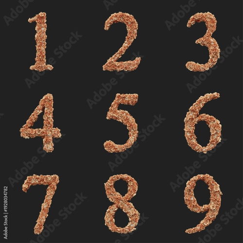 3D Ornamental Floral Number 1, 2, 3, 4, 5, 6, 7, 8, 9 Symbol Covered with Peach and Cream Flowers