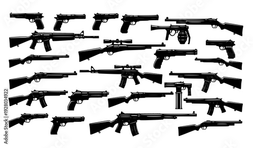 Military Weapon Silhouettes Big Set 24 Firearms Vector Tactical Gun Bundle