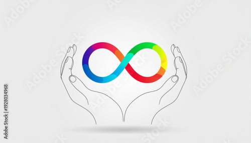 Hands Forming Heart Around Rainbow Infinity Sign Vector – Simple Line Art, Scalable Stroke, Autism Acceptance Illustration