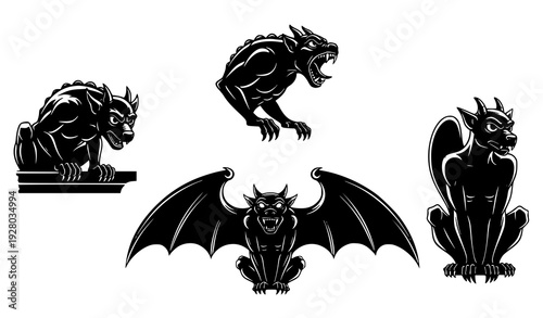 Gothic Gargoyle Silhouettes Black Vector Cathedral Creature Design Set