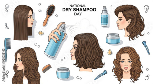 Fresh Vector Illustration of Dry Shampoo Spray on Stylish Hair with Haircare Products and Accessories for National Dry Shampoo Day