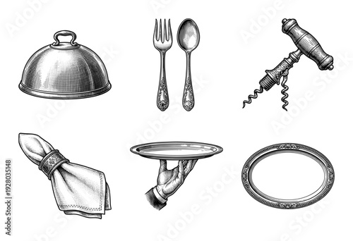 Vintage engraving collection of elegant restaurant service elements including silver cloche, cutlery, corkscrew, and waiter hand with tray in a classic woodcut style.