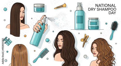 Fresh Vector Illustration of Dry Shampoo Spray on Stylish Hair with Haircare Products and Accessories for National Dry Shampoo Day