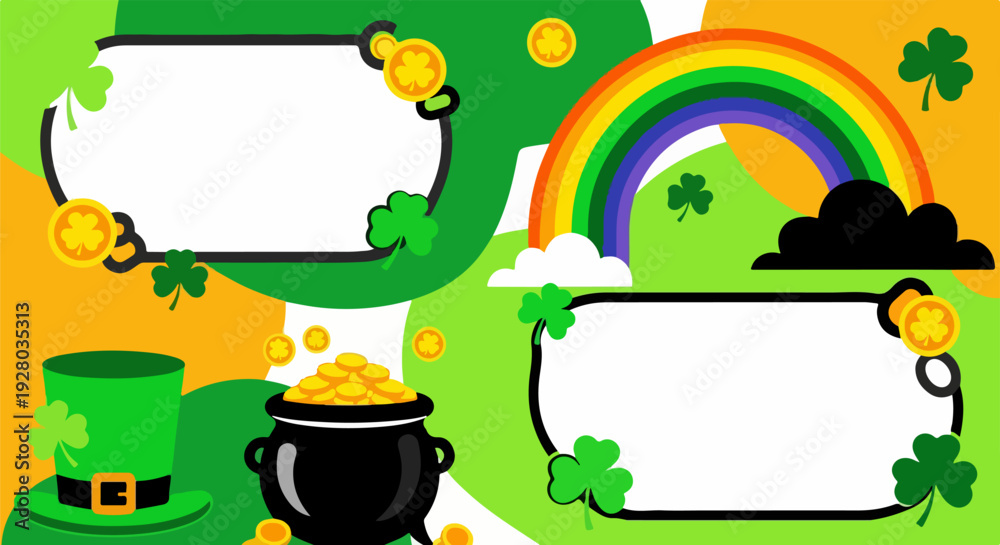 Fototapeta premium St Patricks Day Festive Background with Shamrocks Pot of Gold and Frames